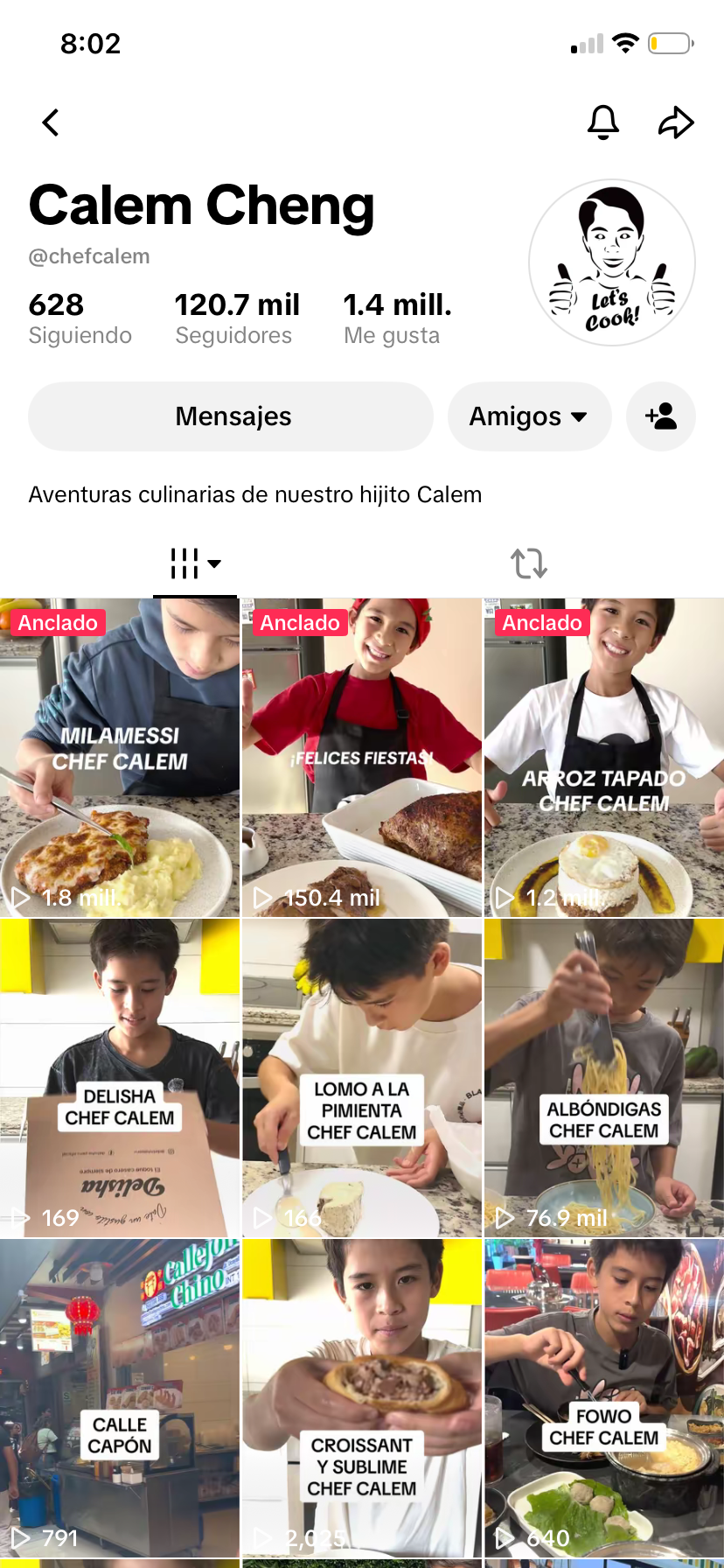 Perfil de Chef Calem en TikTok con el logotipo diseñado por Pliegue como imagen de perfil